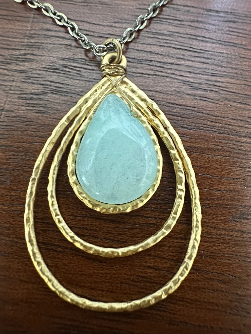 Gold Teardrop Pendant Necklace with blue green Stone - Women Jewelry